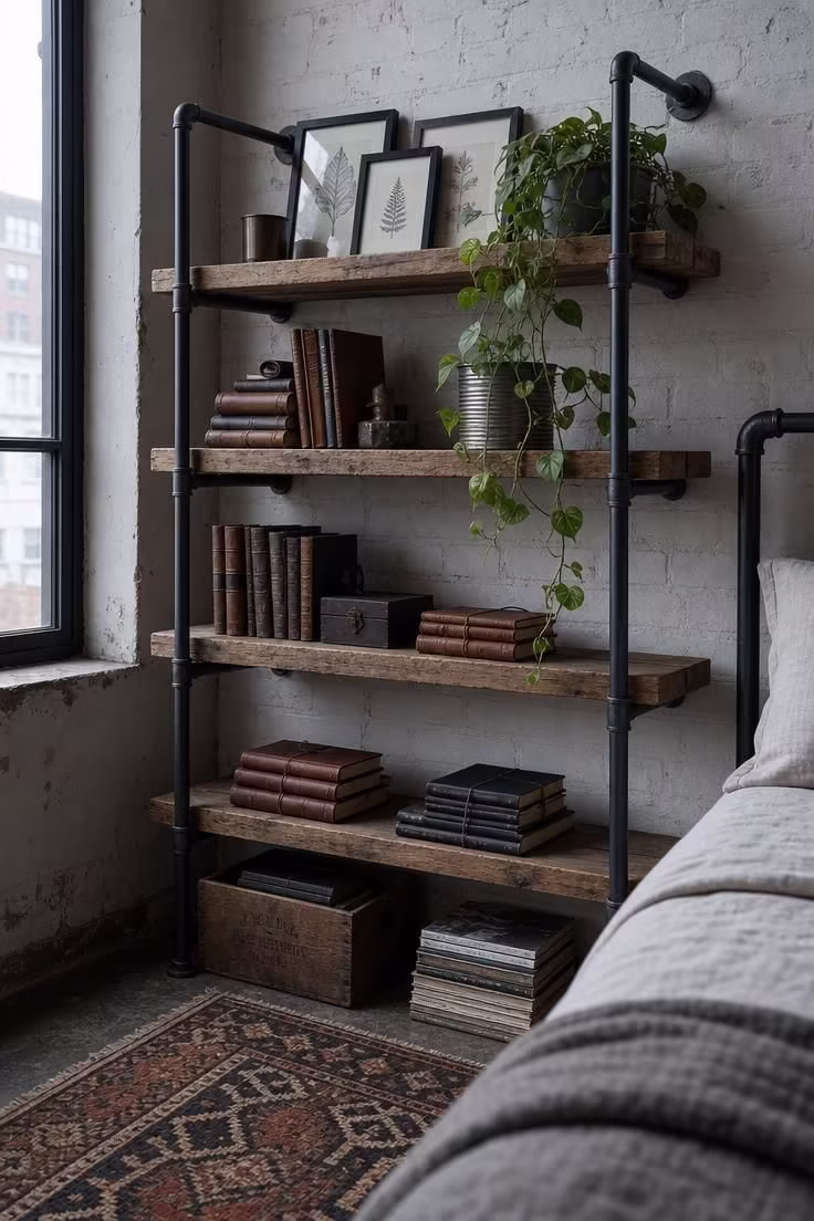 14 Rustic Industrial Bedroom Ideas That Feel Like Home 7 Floor-to-ceiling iron pipe shelving with reclaimed wood planks holding leather journals and trailing pothos in a rustic industrial bedroom.