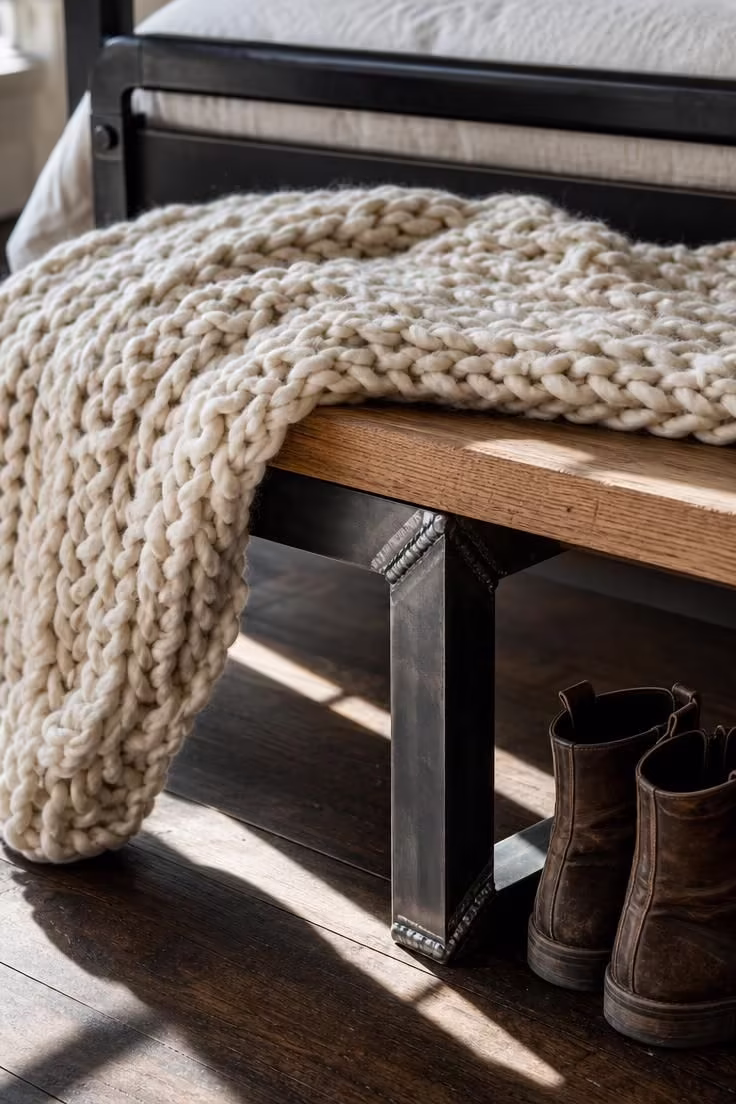 14 Rustic Industrial Bedroom Ideas That Feel Like Home 8 Close-up of a chunky knit throw in cream wool draped over a welded angle-iron bench with oak plank seat at the foot of a rustic industrial bed.