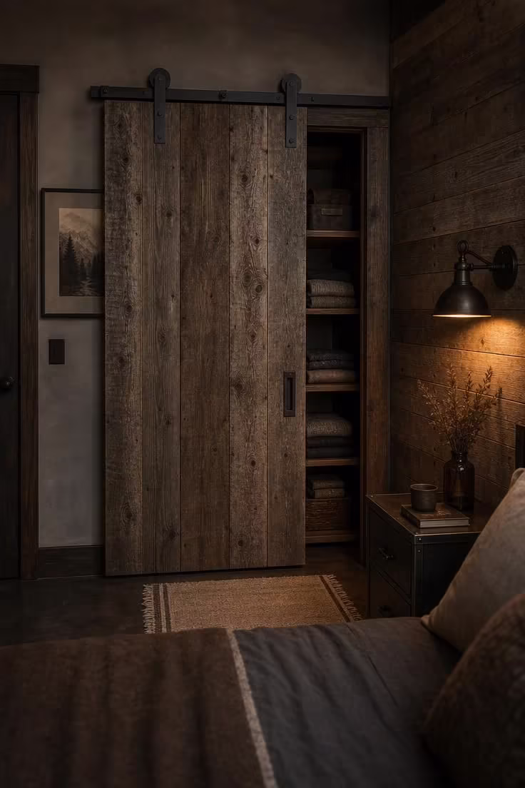 14 Rustic Industrial Bedroom Ideas That Feel Like Home 9 Sliding barn door in weathered reclaimed wood on a flat-bar steel track closing off a closet in a moody rustic industrial bedroom.