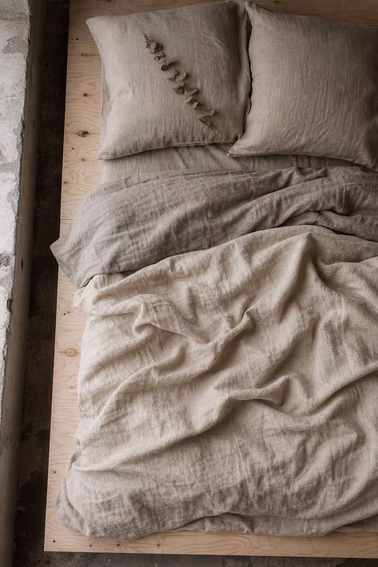 14 Rustic Industrial Bedroom Ideas That Feel Like Home 10 Overhead view of linen bedding in oatmeal, flax, and stone tones layered on a raw plywood platform bed with dried eucalyptus sprig.