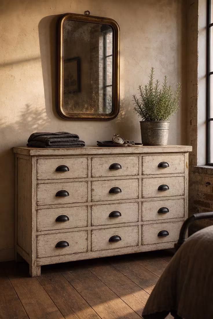 14 Rustic Industrial Bedroom Ideas That Feel Like Home 11 Distressed white oak apothecary dresser with matte black hardware cup pulls, tarnished brass mirror, and warm golden afternoon light.