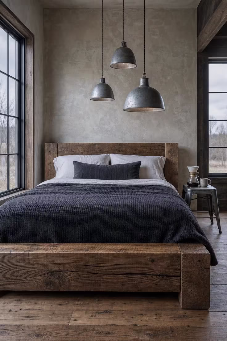 14 Rustic Industrial Bedroom Ideas That Feel Like Home 12 Three galvanized metal dome pendants at staggered heights above a thick timber bed frame in a cool overcast rustic industrial bedroom.