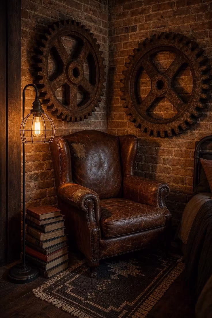 14 Rustic Industrial Bedroom Ideas That Feel Like Home 13 Vintage factory gears flanking a patched leather wingback chair in a moody rustic industrial bedroom reading nook with metal-cage floor lamp.
