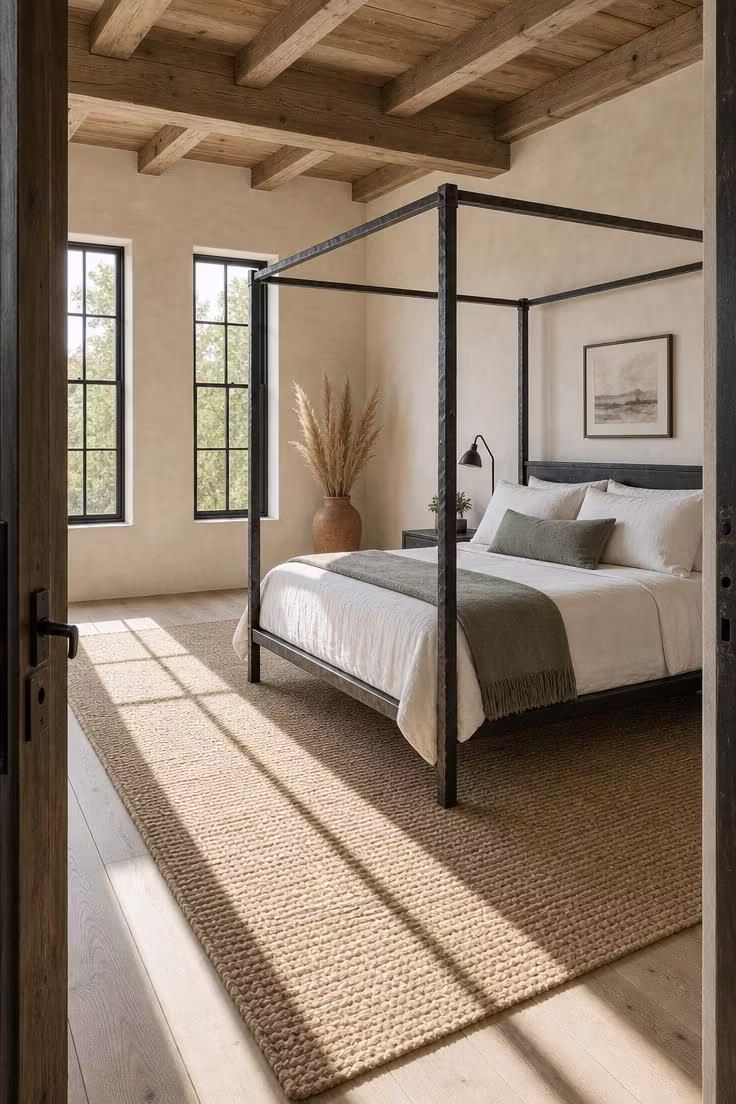 14 Rustic Industrial Bedroom Ideas That Feel Like Home 14 Wide view from doorway of a forged steel four-poster bed frame on a woven rope rug with bright midday light casting geometric post shadows.