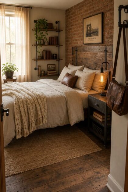 14 Rustic Industrial Bedroom Ideas That Feel Like Home Complete rustic industrial bedroom with reclaimed wood headboard, exposed brick wall, oatmeal linen bedding, chunky knit throw, iron pipe shelving, and warm golden afternoon light.