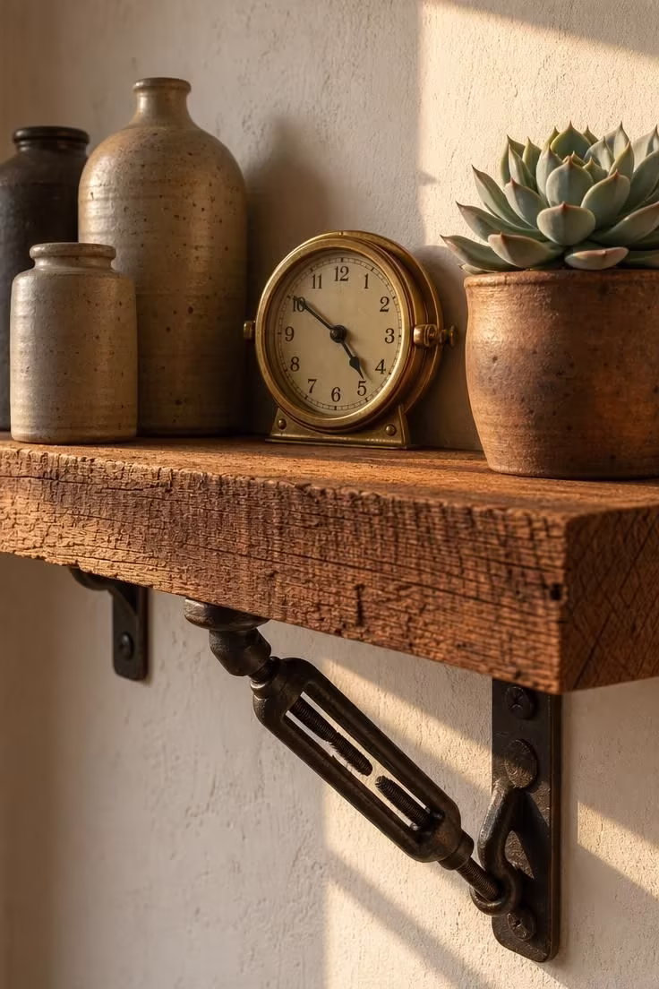 Raw cedar beam floating shelf with cast iron turnbuckle brackets holding stoneware crocks and a brass clock in warm golden light.