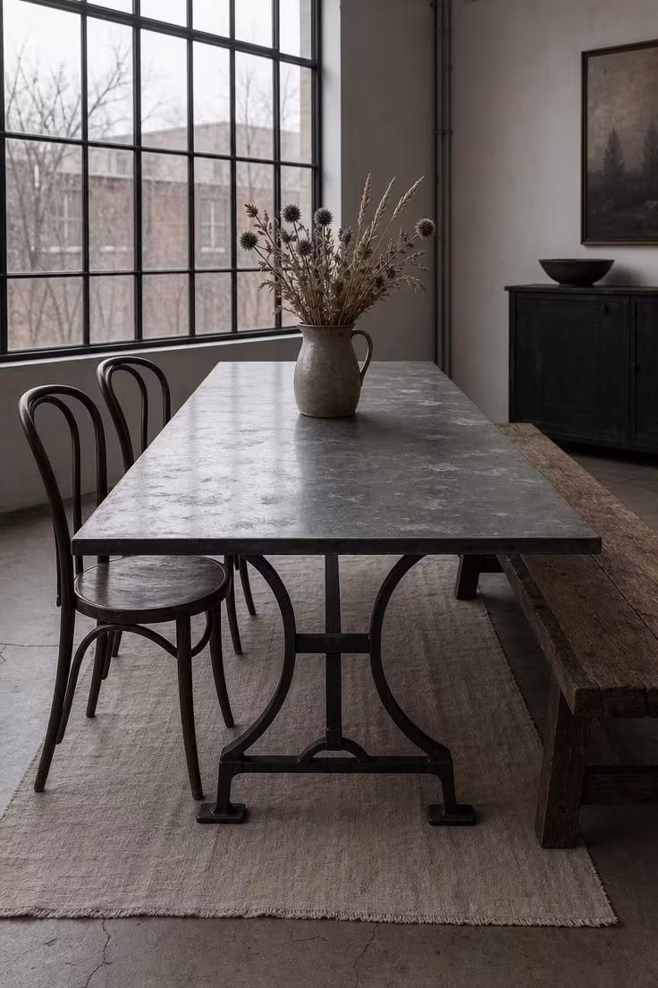 Weathered zinc dining table on forged steel trestle legs set with stoneware and dried botanicals in cool overcast light.