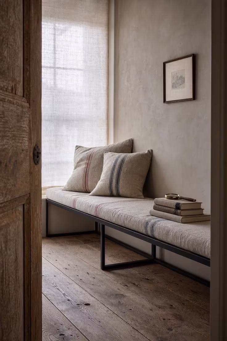 Welded steel window bench with antique grain sack cushions in soft diffused light against lime-washed plaster walls.