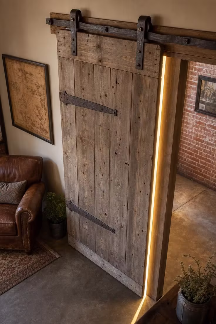 Salvaged pine barn door on hammered iron track with warm golden light and exposed brick wall in the background.