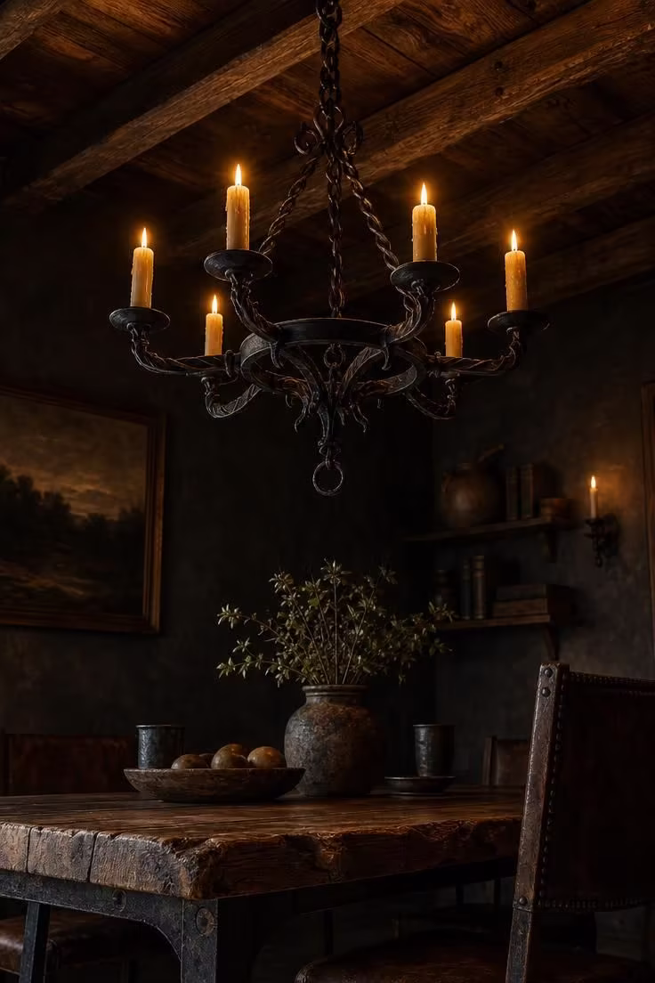 Hand-forged iron chandelier with beeswax candles hanging above a reclaimed elm dining table in moody low light.