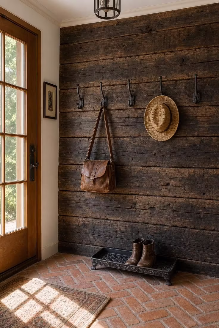 Reclaimed railroad tie accent wall with forged iron coat hooks in an entryway flooded with bright midday sunlight.
