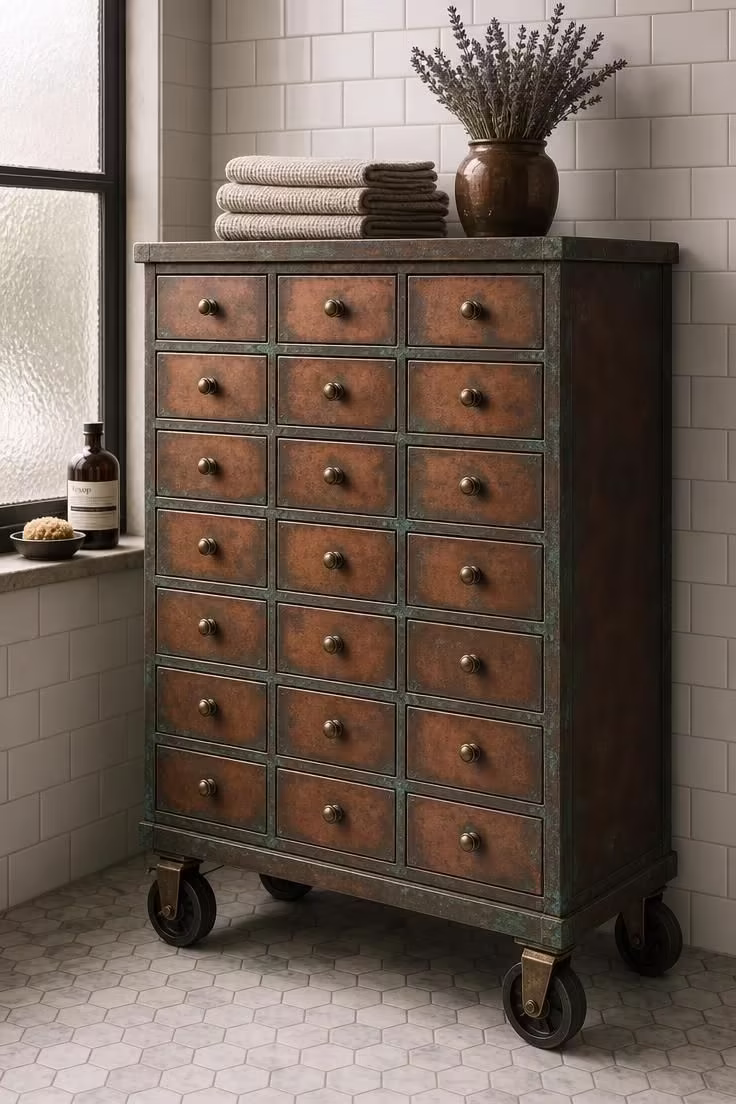 Aged copper apothecary cabinet on caster wheels with brass drawer pulls in soft diffused light against white subway tile.