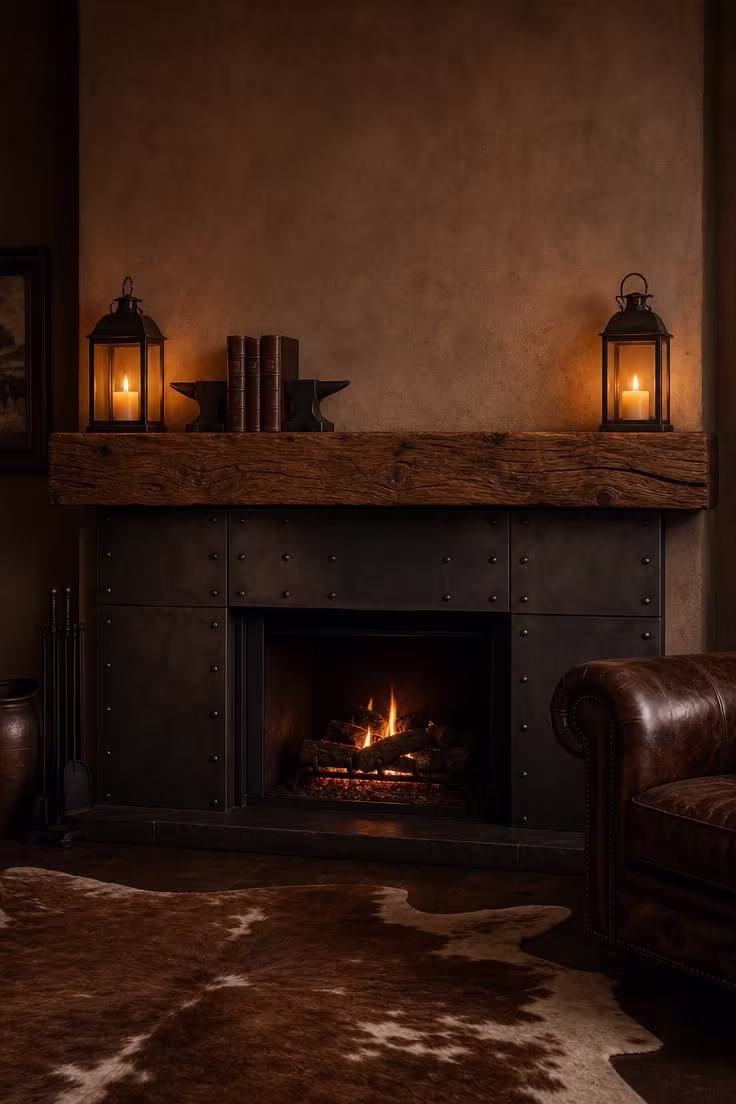 Rough-hewn pine mantel over a riveted steel firebox surround with iron lanterns and cast iron bookends in moody low light.