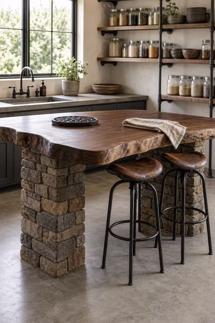 Stacked fieldstone column island base with live-edge walnut slab countertop, steel bar stools, and pipe shelving in bright midday light.