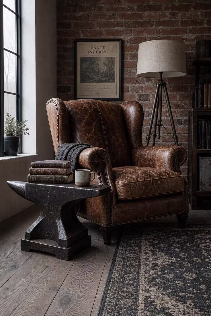 Vintage blacksmith anvil used as a side table beside a cognac leather wing chair in cool overcast light with exposed brick wall.