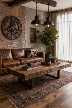 Rustic industrial living room with reclaimed wood coffee table, leather sofa, industrial pendant lights, and exposed brick wall in soft diffused light.