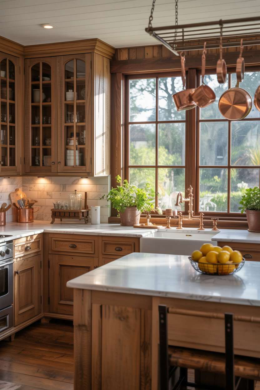 31 Timeless Rustic Kitchen Design Ideas for Cozy Charm 1 Elegant rustic kitchen with reclaimed wood cabinetry, marble countertops, and copper pot rack in warm morning light