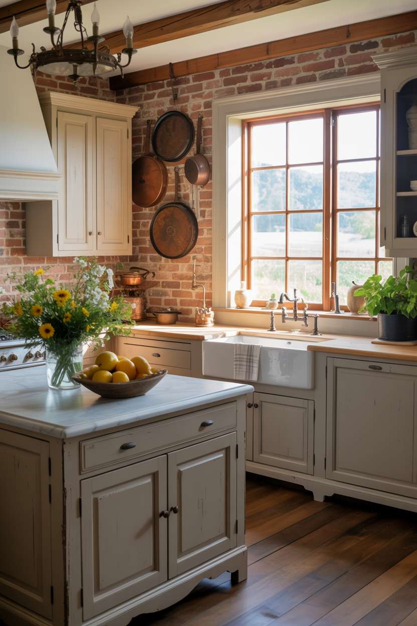 31 Timeless Rustic Kitchen Design Ideas for Cozy Charm 2 Complete rustic kitchen featuring distressed gray cabinets, farmhouse sink, and weathered wooden island with wildflowers