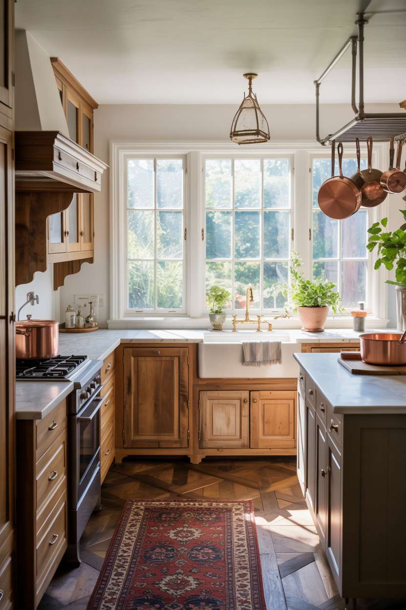 31 Timeless Rustic Kitchen Design Ideas for Cozy Charm 3 Rustic kitchen with reclaimed wood cabinetry, brass hardware, and copper pot rack overlooking lush garden