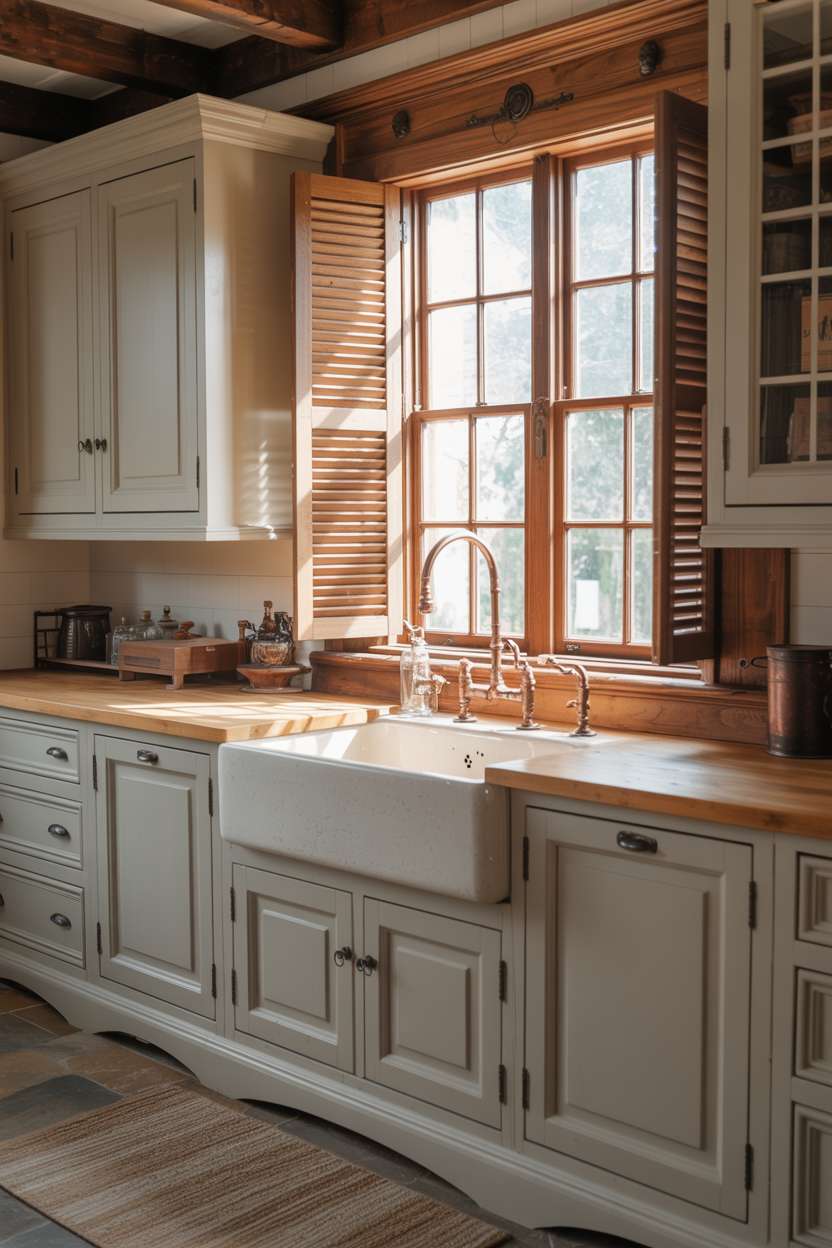 31 Timeless Rustic Kitchen Design Ideas for Cozy Charm 5 Rustic kitchen centered around white porcelain farmhouse sink with wooden shutters and copper gooseneck faucet
