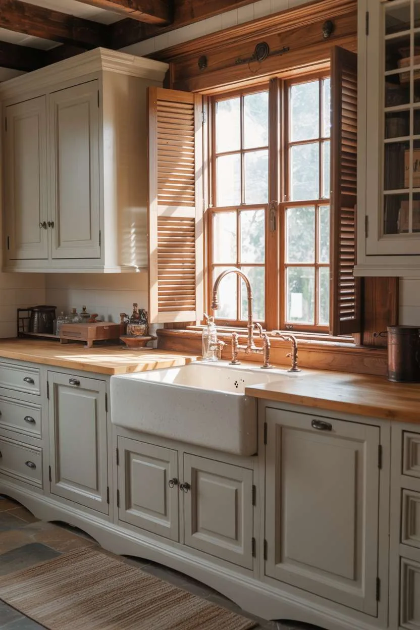 31 Timeless Rustic Kitchen Design Ideas for Cozy Charm 5 Rustic kitchen centered around white porcelain farmhouse sink with wooden shutters and copper gooseneck faucet