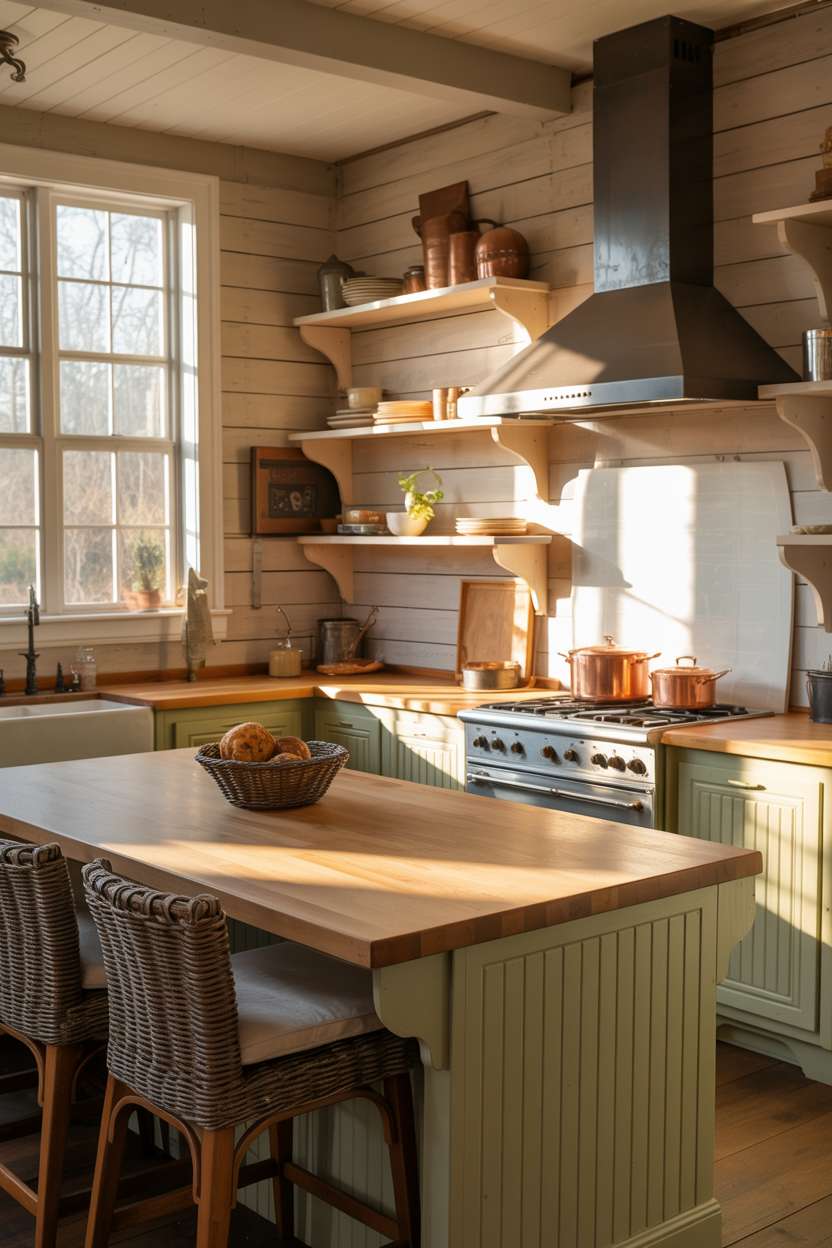 31 Timeless Rustic Kitchen Design Ideas for Cozy Charm 6 Stylish rustic kitchen with central butcher block island, wicker bar stools, and whitewashed shiplap walls