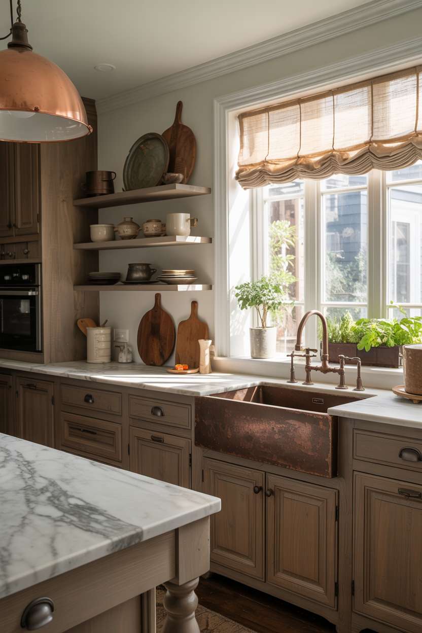 31 Timeless Rustic Kitchen Design Ideas for Cozy Charm 7 Rustic kitchen with dark-stained wooden cabinetry, marble countertops, and cozy breakfast nook with herb garden view