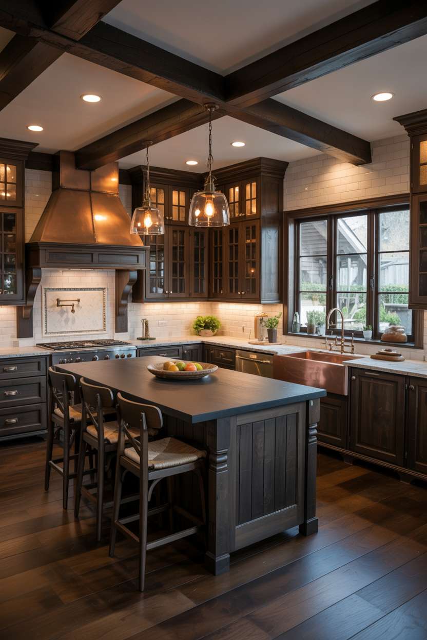 31 Timeless Rustic Kitchen Design Ideas for Cozy Charm 8 Dark rustic kitchen featuring copper apron farmhouse sink, butcher block island, and pendant lighting