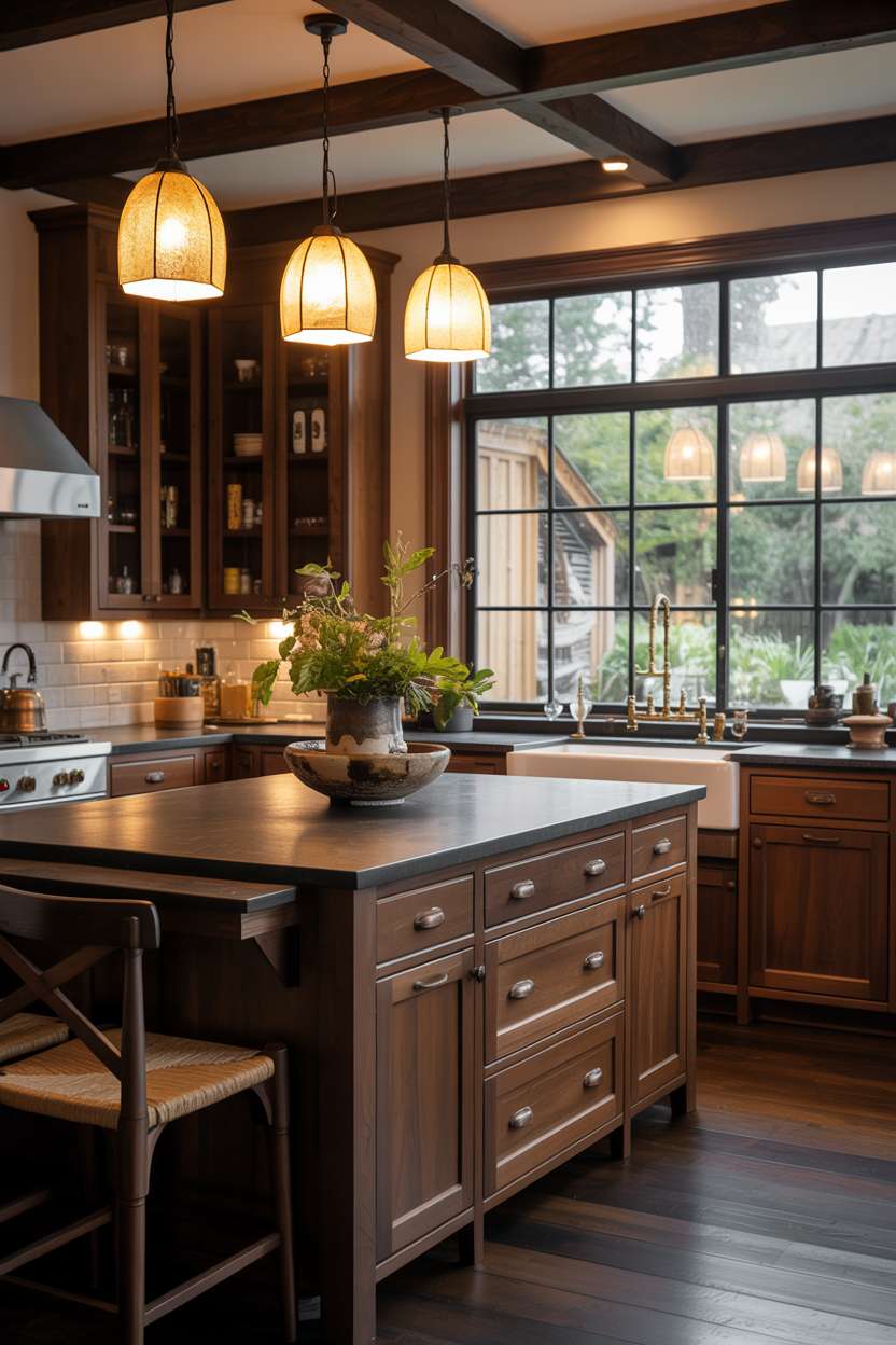 31 Timeless Rustic Kitchen Design Ideas for Cozy Charm 9 Dark rustic kitchen with walnut cabinetry, black granite countertops, and linen shade pendant lights