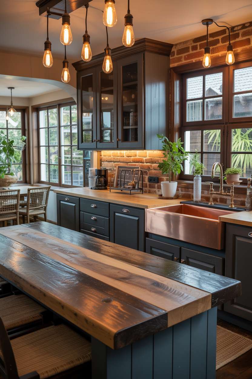 31 Timeless Rustic Kitchen Design Ideas for Cozy Charm 10 Dark rustic kitchen with grey shaker cabinets, reclaimed wood island, and exposed brick backsplash