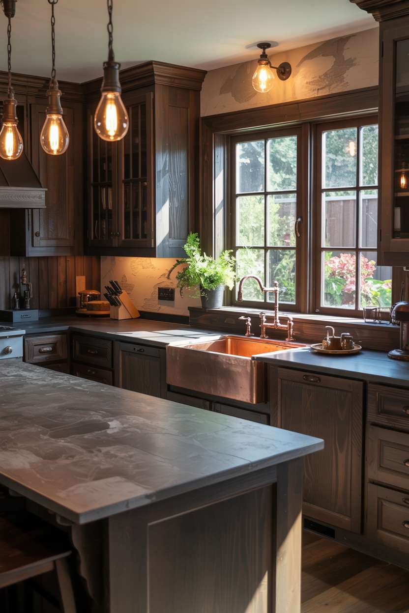 31 Timeless Rustic Kitchen Design Ideas for Cozy Charm 11 Dark rustic kitchen with quartzite countertops, copper farmhouse sink, and garden window view