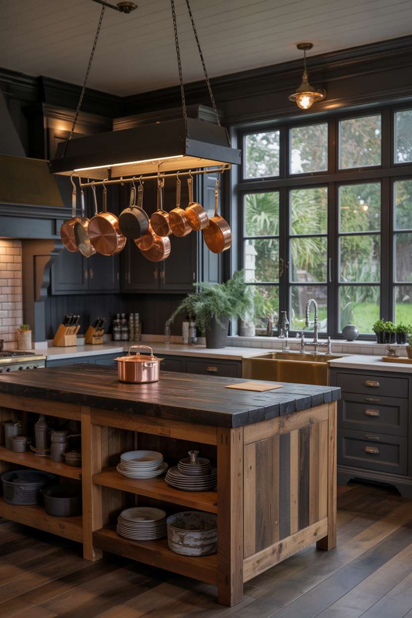 31 Timeless Rustic Kitchen Design Ideas for Cozy Charm 12 Dark rustic kitchen island with reclaimed wood, copper pot rack, and black pendant light