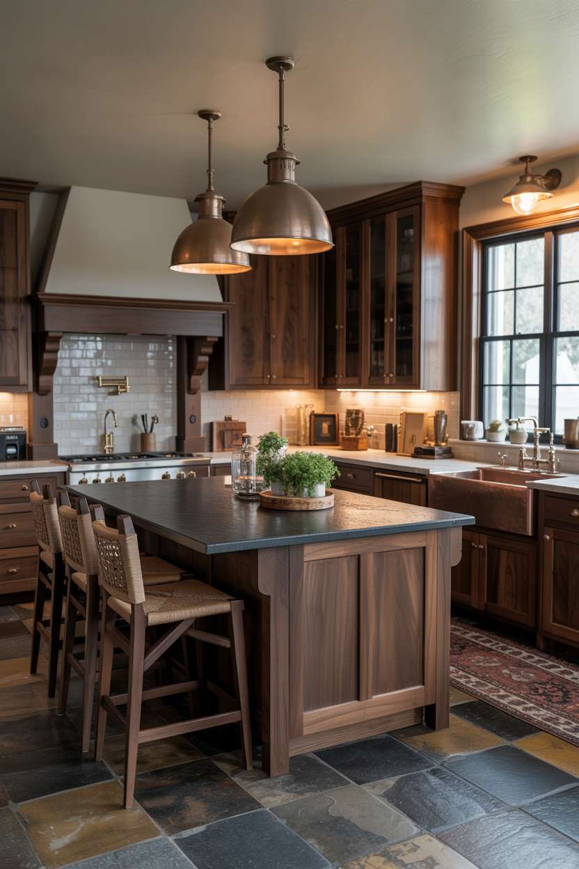 31 Timeless Rustic Kitchen Design Ideas for Cozy Charm 13 Dark rustic kitchen with walnut cabinetry, honed black granite island, and woven bar stools