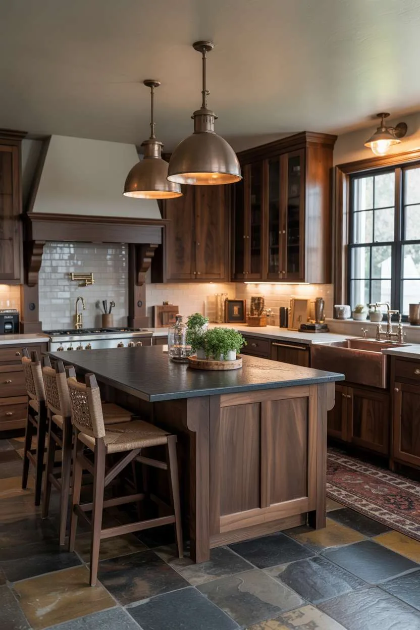 31 Timeless Rustic Kitchen Design Ideas for Cozy Charm 13 Dark rustic kitchen with walnut cabinetry, honed black granite island, and woven bar stools