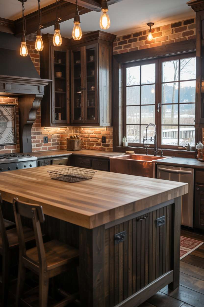31 Timeless Rustic Kitchen Design Ideas for Cozy Charm 14 Dark rustic kitchen with thick butcher-block island, exposed brick walls, and Edison bulb pendant lights