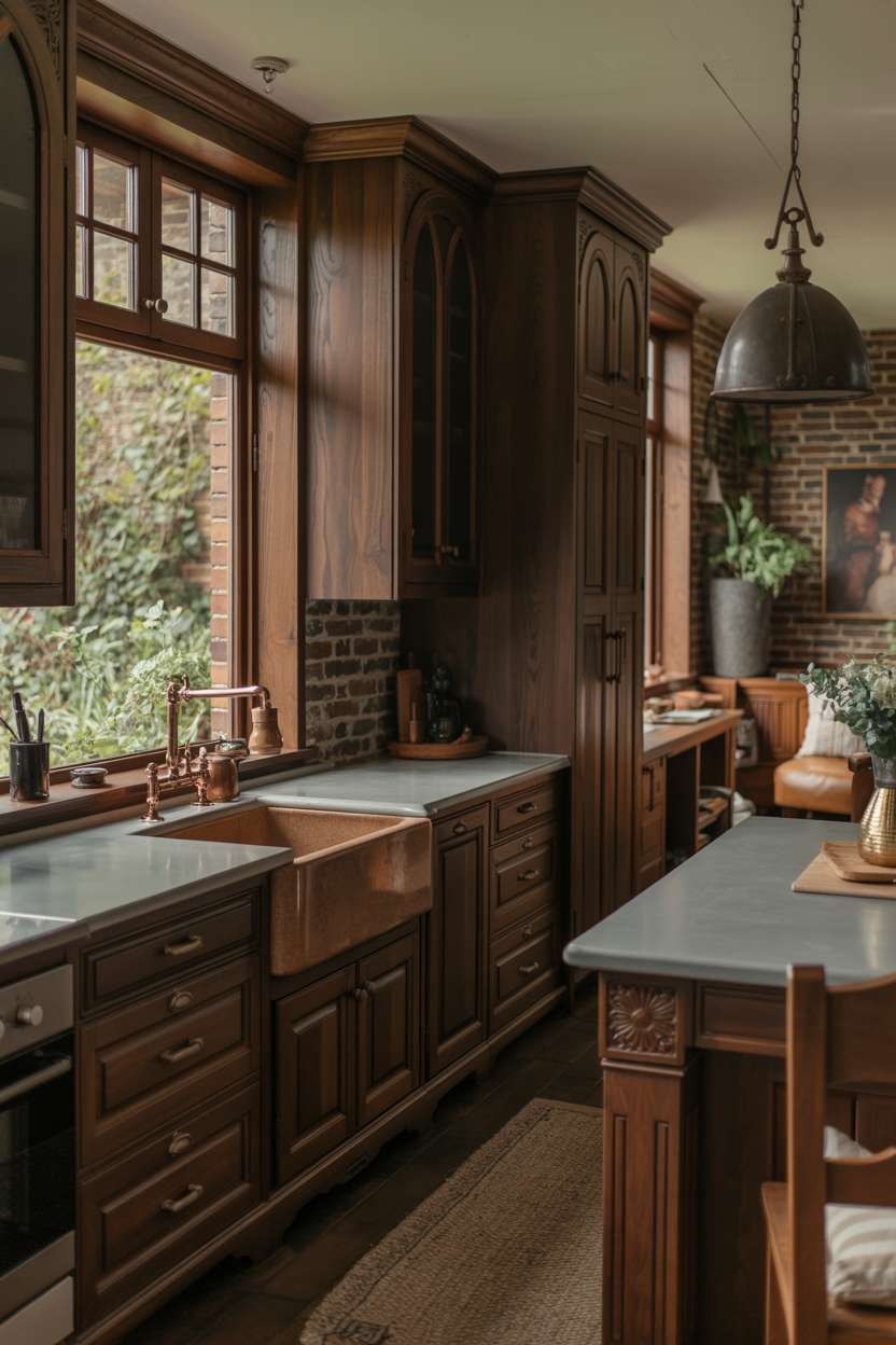 31 Timeless Rustic Kitchen Design Ideas for Cozy Charm 15 Dark rustic kitchen with carved walnut cabinetry, grey soapstone countertops, and leather seating area
