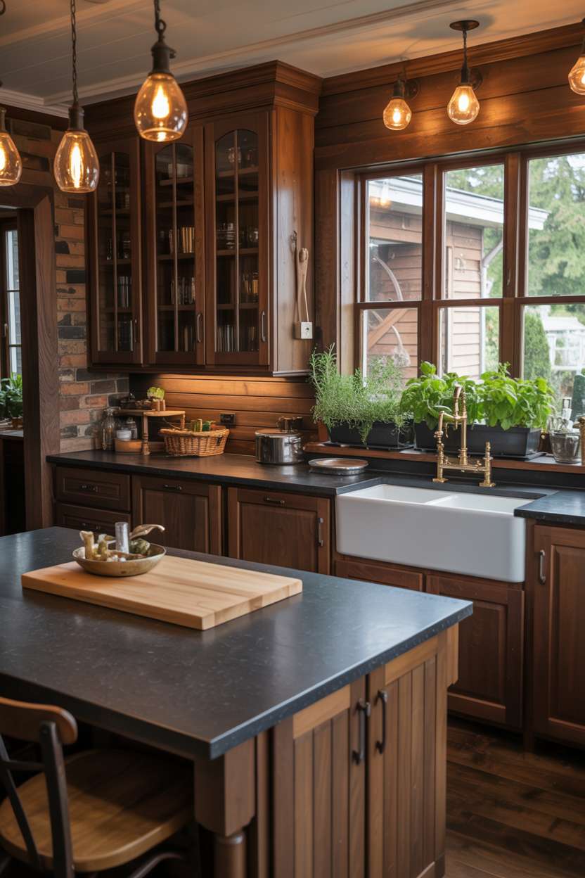 31 Timeless Rustic Kitchen Design Ideas for Cozy Charm 16 Dark rustic kitchen with dark walnut cabinetry, charcoal granite island with butcher block top, and Edison pendant lights