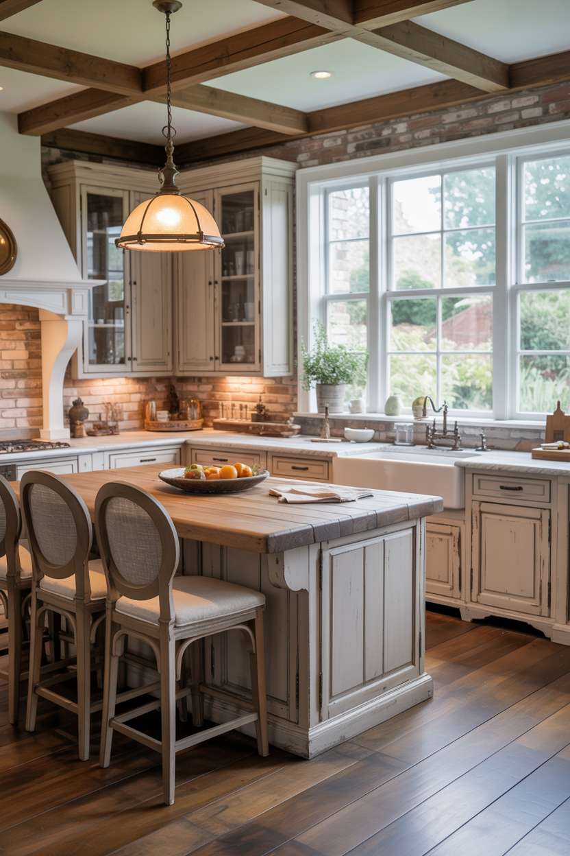 31 Timeless Rustic Kitchen Design Ideas for Cozy Charm 17 Elegant rustic kitchen with distressed white cabinetry, Carrara marble countertops, and exposed brick backsplash