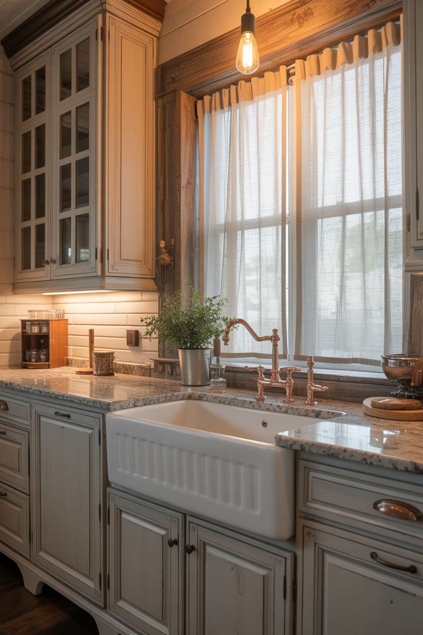 31 Timeless Rustic Kitchen Design Ideas for Cozy Charm 18 Elegant rustic kitchen with gray-blue cabinetry, granite countertops, and weathered wood window trim