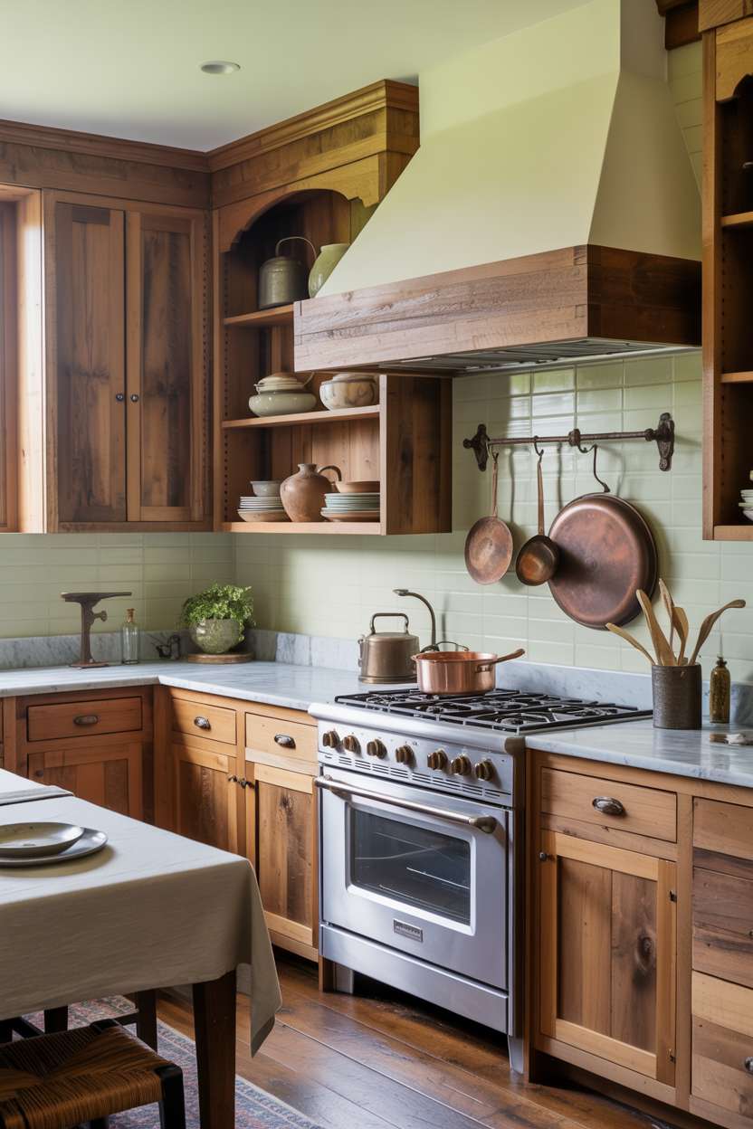 31 Timeless Rustic Kitchen Design Ideas for Cozy Charm 19 Elegant rustic kitchen with reclaimed barn wood cabinetry, Carrara marble, and sage green backsplash