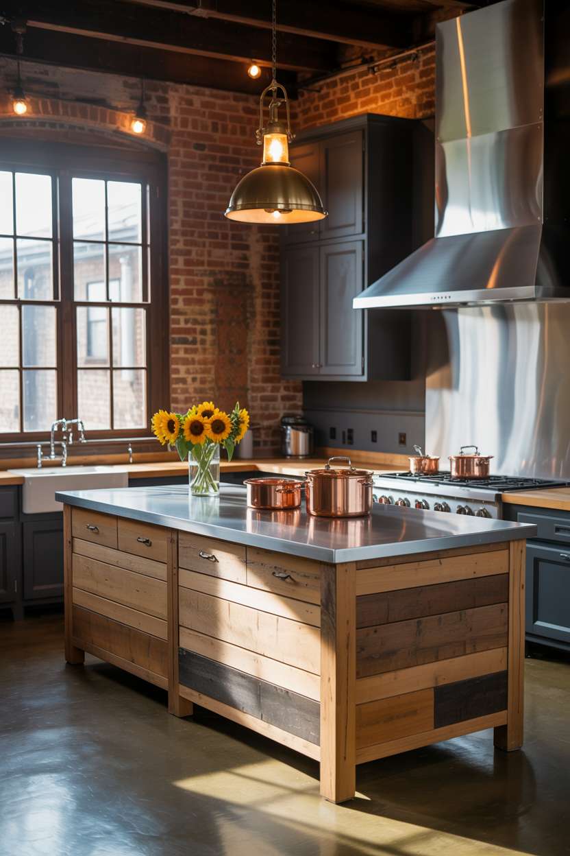 31 Timeless Rustic Kitchen Design Ideas for Cozy Charm 20 Elegant rustic industrial kitchen with reclaimed wood island, stainless steel countertop, and exposed brick walls