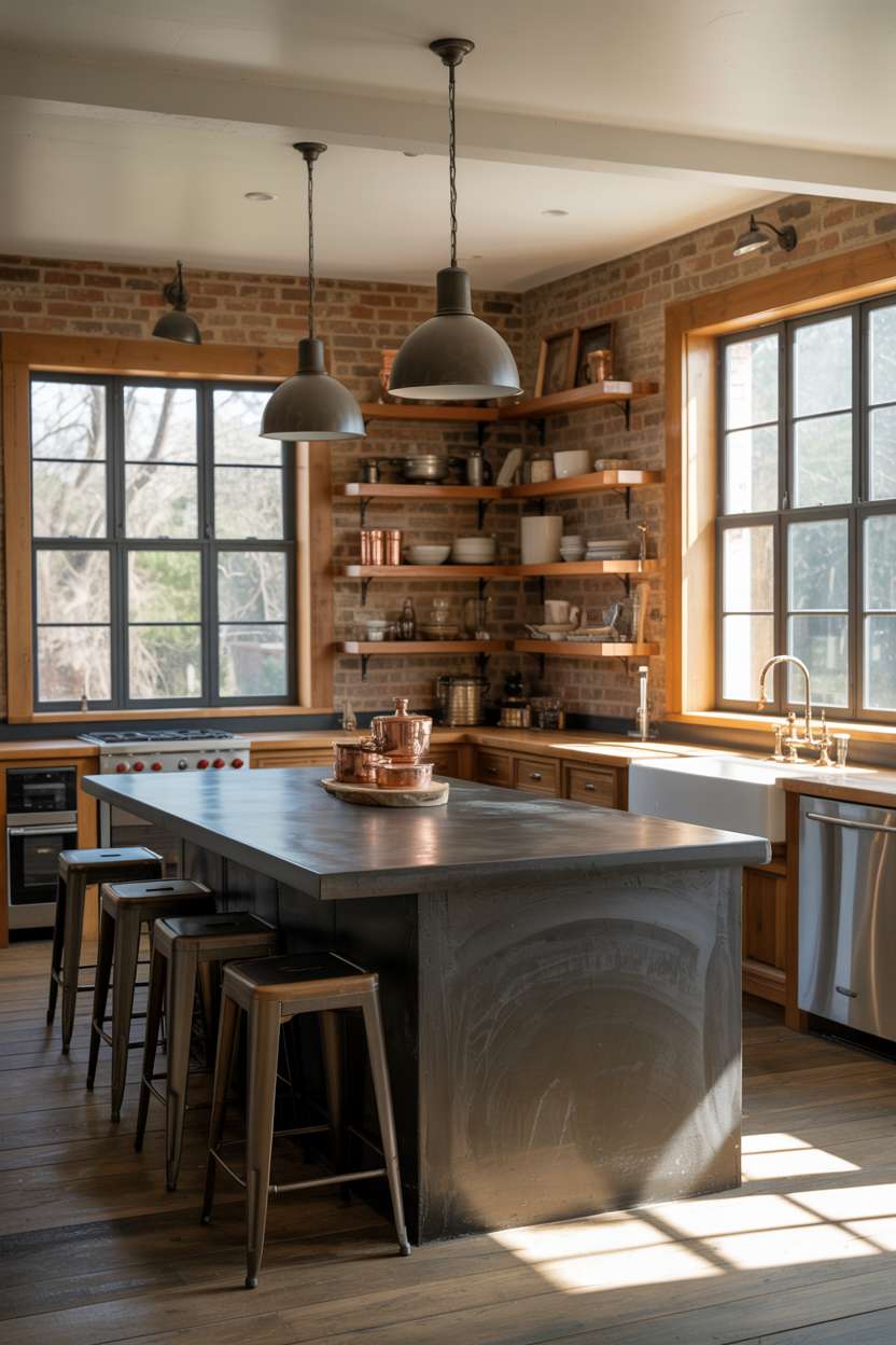31 Timeless Rustic Kitchen Design Ideas for Cozy Charm 21 Elegant rustic industrial kitchen with concrete island, butcher-block countertop, and exposed brick contrast