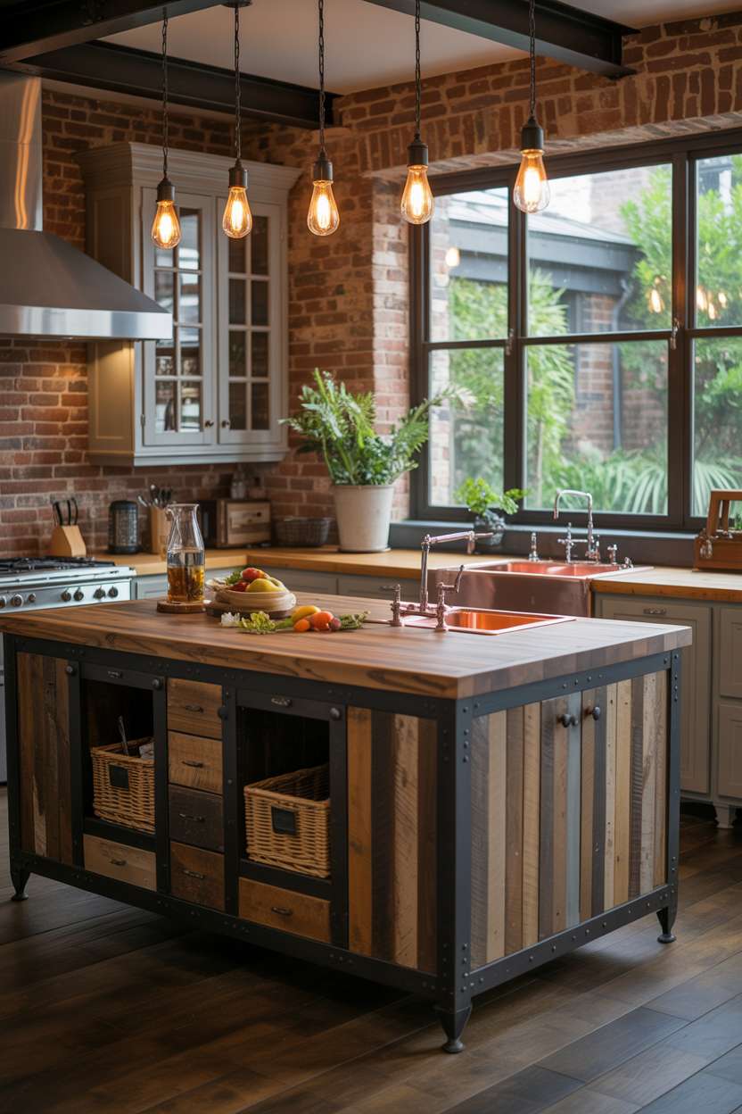 31 Timeless Rustic Kitchen Design Ideas for Cozy Charm 22 Elegant rustic industrial kitchen with reclaimed wood and steel island, Edison bulb pendants, and copper sink