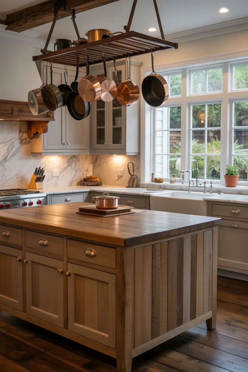 31 Timeless Rustic Kitchen Design Ideas for Cozy Charm 23 Stylish rustic kitchen with reclaimed wood island, Carrara marble backsplash, and hanging copper cookware
