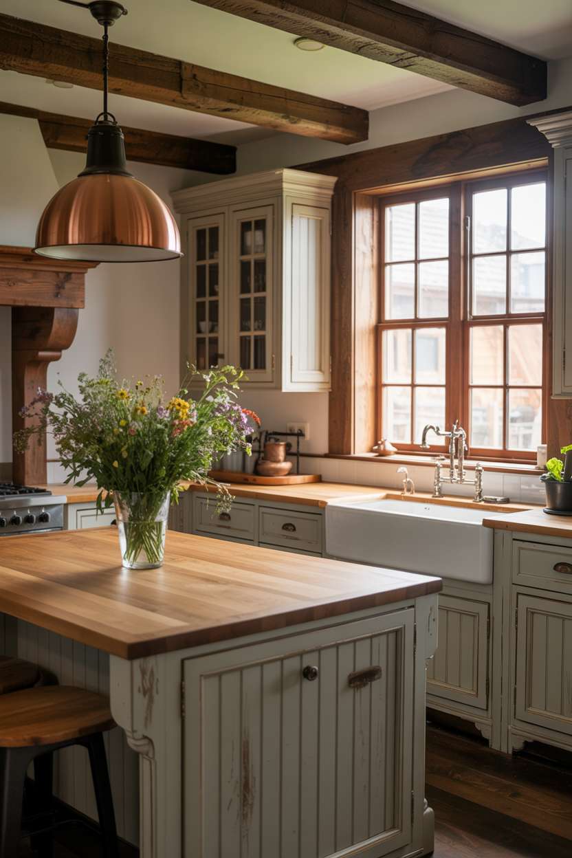 31 Timeless Rustic Kitchen Design Ideas for Cozy Charm 24 Elegant rustic kitchen with distressed gray cabinetry, butcher-block island, and fresh wildflower arrangement