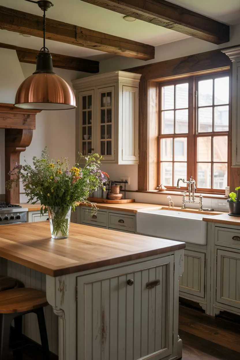 31 Timeless Rustic Kitchen Design Ideas for Cozy Charm 24 Elegant rustic kitchen with distressed gray cabinetry, butcher-block island, and fresh wildflower arrangement