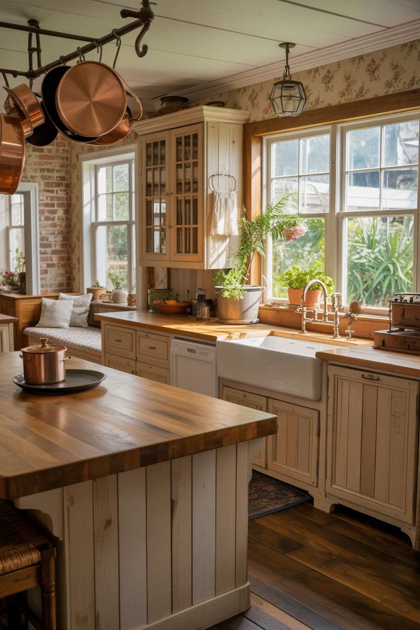 31 Timeless Rustic Kitchen Design Ideas for Cozy Charm 25 Elegant rustic kitchen with reclaimed wood cabinetry, butcher block island, and lush garden view