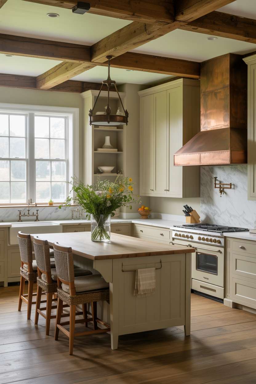 31 Timeless Rustic Kitchen Design Ideas for Cozy Charm 27 Elegant rustic kitchen with sage green shaker cabinets, Carrara marble countertops, and copper range hood