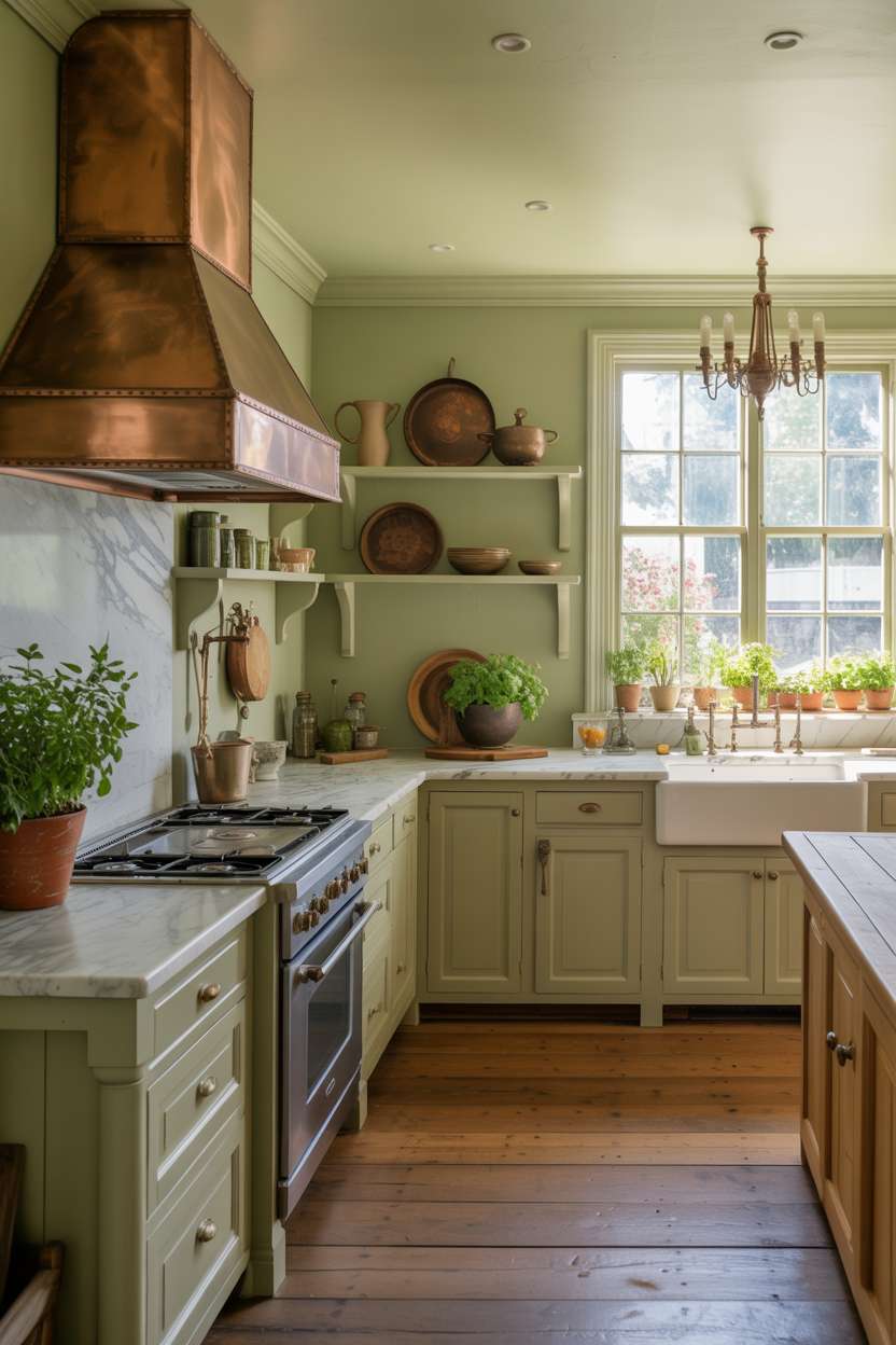 31 Timeless Rustic Kitchen Design Ideas for Cozy Charm 29 Elegant rustic green kitchen with sage green cabinetry, Carrara marble countertops, and vintage ceramic display