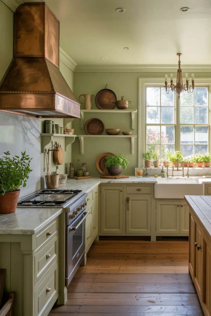 31 Timeless Rustic Kitchen Design Ideas for Cozy Charm 29 Elegant rustic green kitchen with sage green cabinetry, Carrara marble countertops, and vintage ceramic display